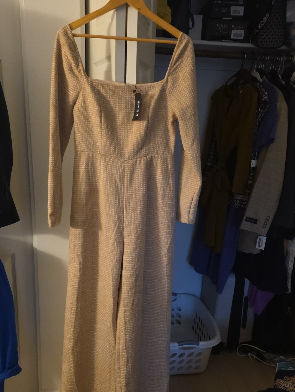 SHEIN Beige Square-Neck Long-Sleeve Wide-Leg Jumpsuit